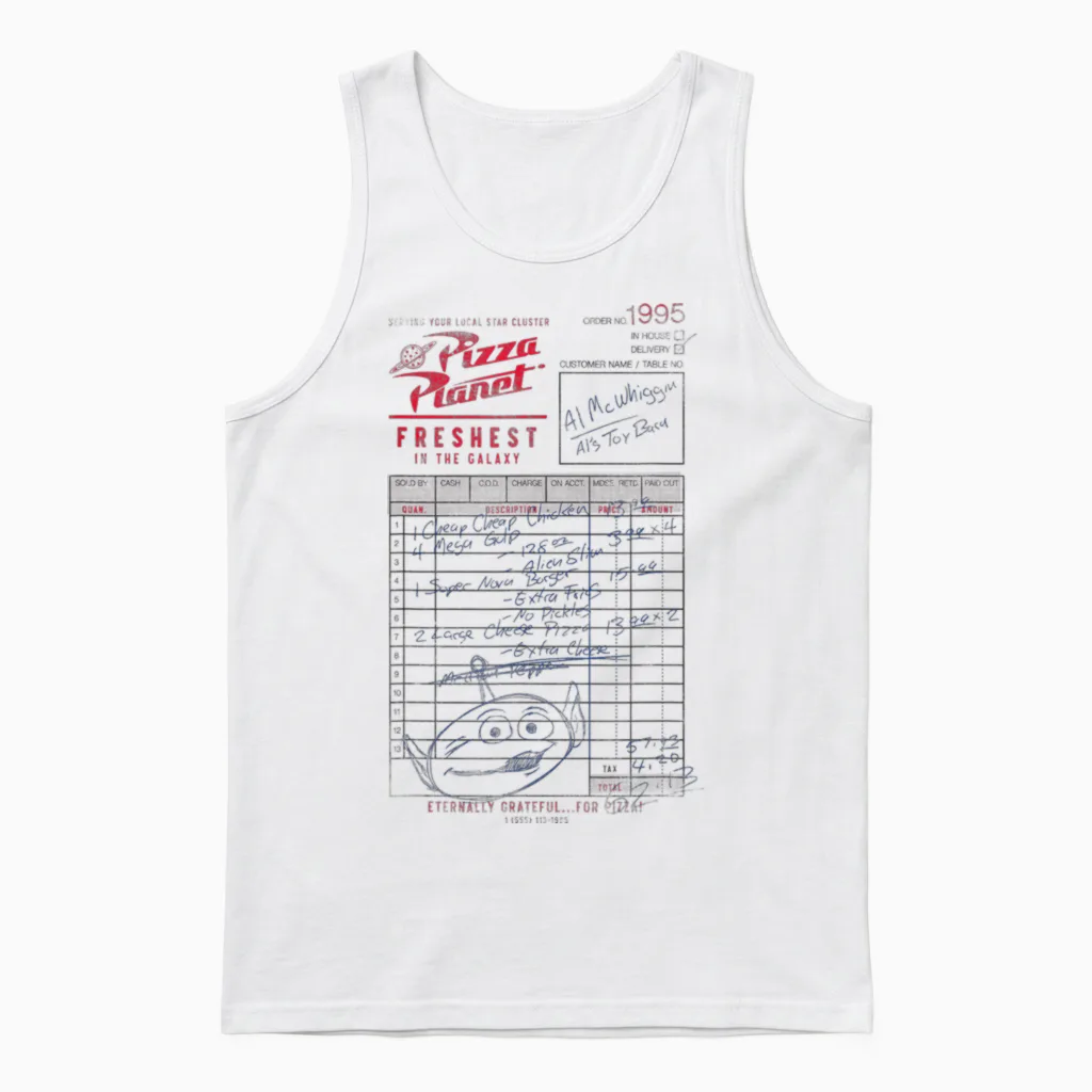 Disney Pixar Toy Story Pizza Planet Order 1995 Vintage Logo T-Shirt, White, S Unisex Tank Top in White