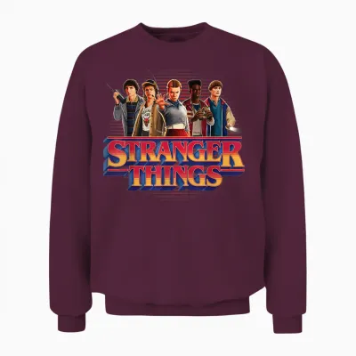 Stranger Things Season 5 Main Crew 80's Style Group Logo Unisex Sweatshirt - Maroon