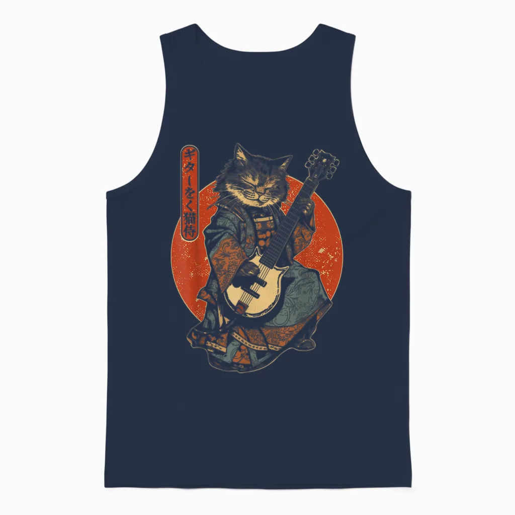 Japanese Samurai Cat Playing Electric Guitar T-Shirt, Black, S Unisex Tank Top in Navy