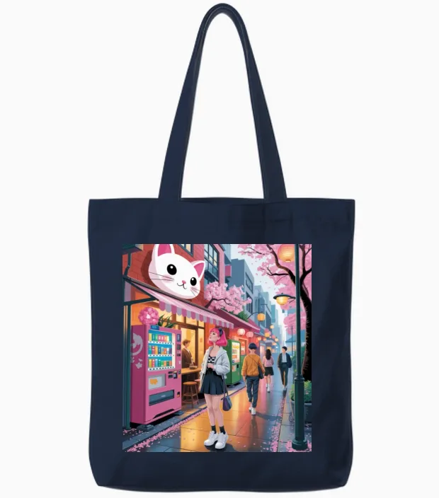 Tokyo Sakura Stroll β Cute Girl Under Cherry Bloss Tote Bags in Navy