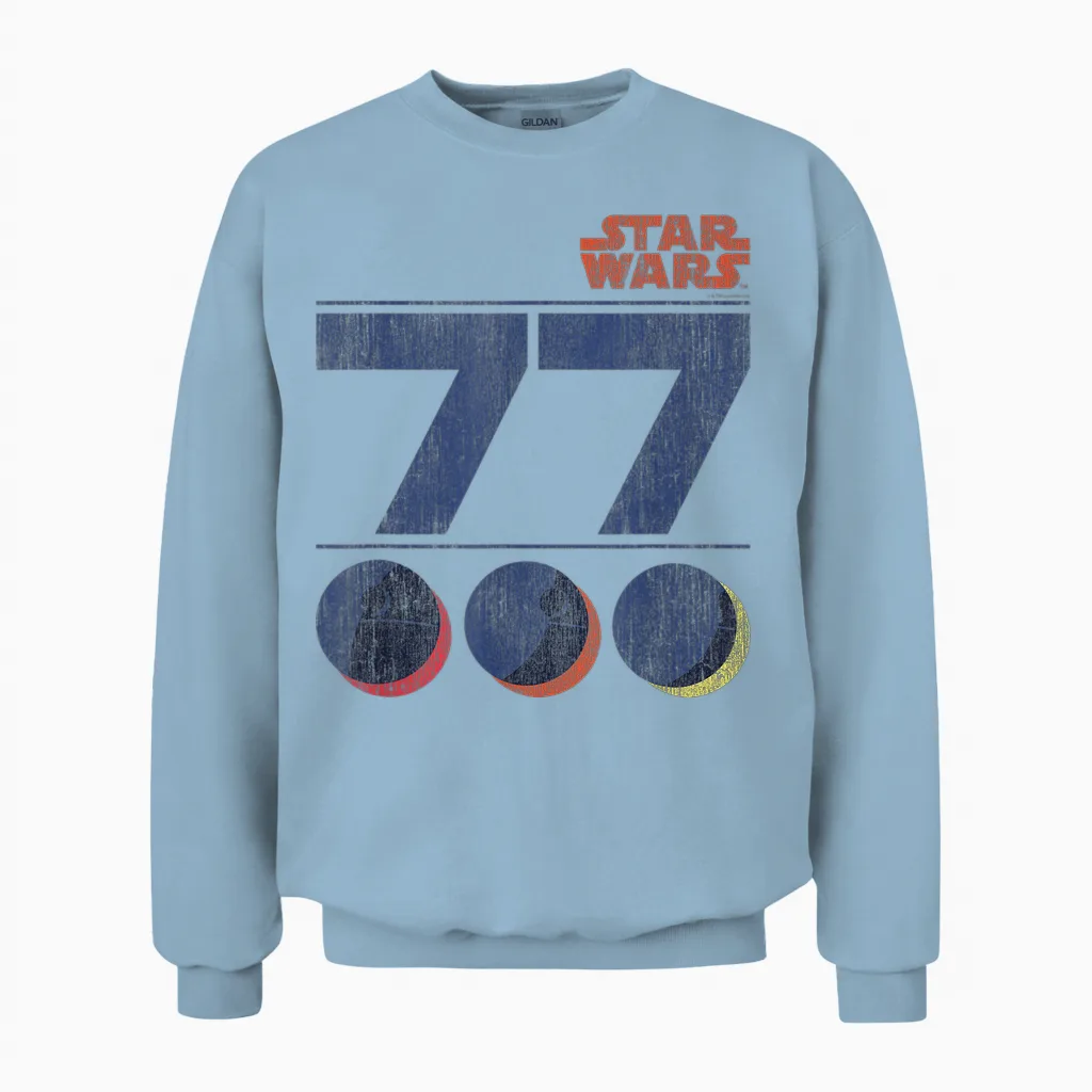 Star Wars Retro 77 Death Star T-Shirt, White Unisex Sweatshirt in Light Blue