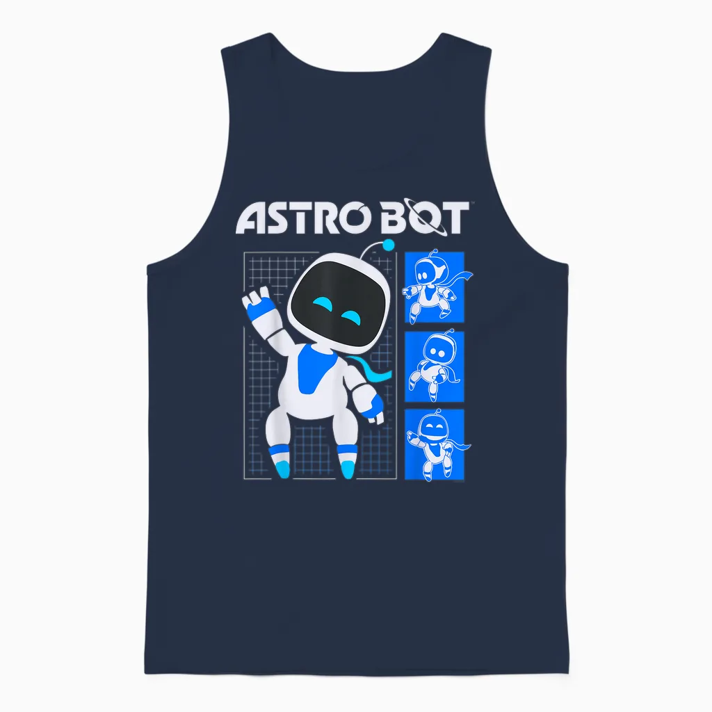 Astro Bot Pose Grid Collage with Logo Video Game Unisex Tank Top in Navy
