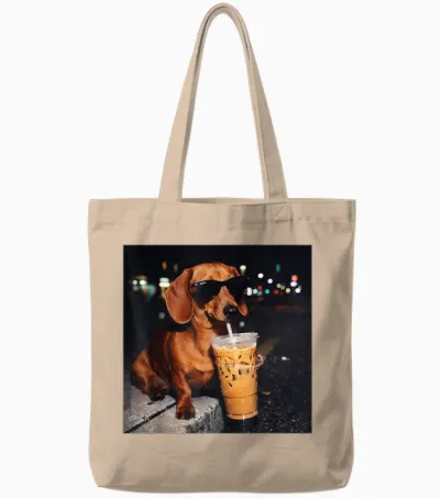 Funny Dachshund Drinking Iced Coffee Lover Humor Tote Bags - Natural