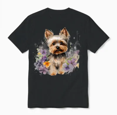 Yorkshire Terrier Mom Floral Yorkie Dog Lover Flowers Cute T-Shirt, White Unisex T-Shirt - Black