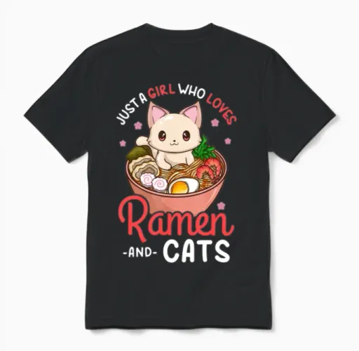Ramen Cat Anime Lovers Unisex T-Shirt in Black