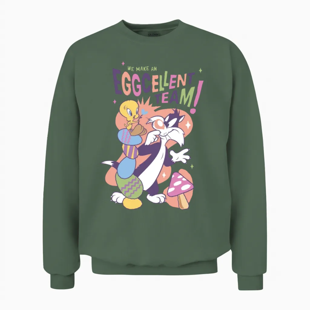 Looney Tunes Tweety and Sylvester Eggcellent Team Unisex Sweatshirt in Military Green