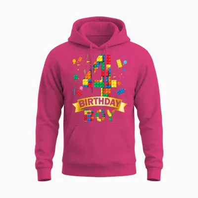 Kinder 4rd Birthday Boy 4 Year Old Building Blocks 4th Birthday Boy Unisex Hoodie - Heliconia
