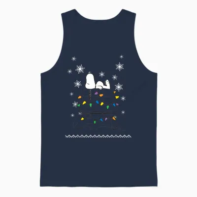 Peanuts Holiday Snoopy Dog House Lights Short Sleeve Unisex Tank Top - Navy