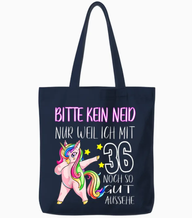 T-Shirt with German Text "bitte Kein Neid Gut Aussehe 36 Years Unicorn 36th Birthday T-Shirt, Black Tote Bags in Navy