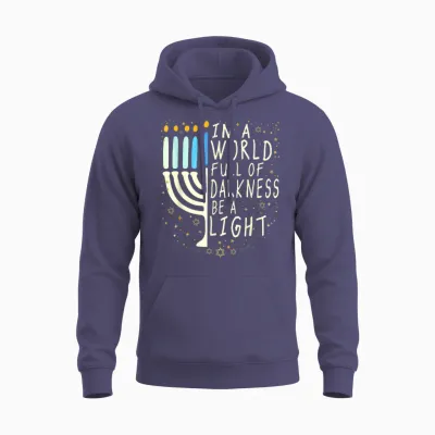 In a World Full of Darkness Be a Light Funny Hanukkah Jewish Unisex Hoodie - Heather Sport Dark Navy