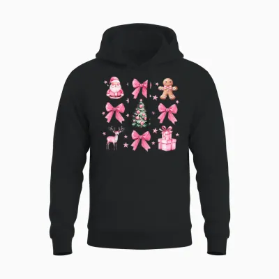 Cute Coquette Bow Pink Christmas Tree Santa Gingerbread Xmas Unisex Hoodie - Black
