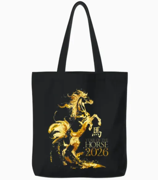 Chinese New Year 2026 Year of the Horse Zodiac Tote Bags in Black