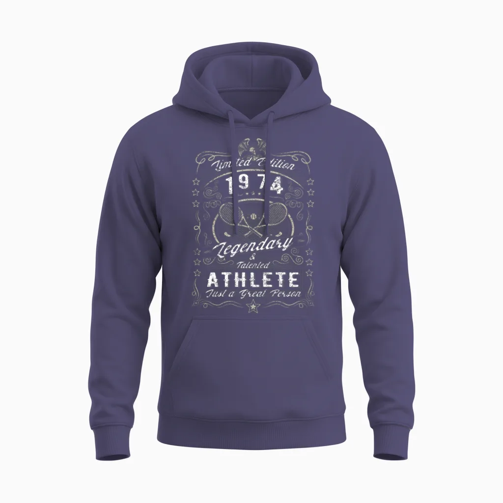 Vintage 1974 Tennis Birthday Gift Sport Hobby Unisex Hoodie in Heather Sport Dark Navy