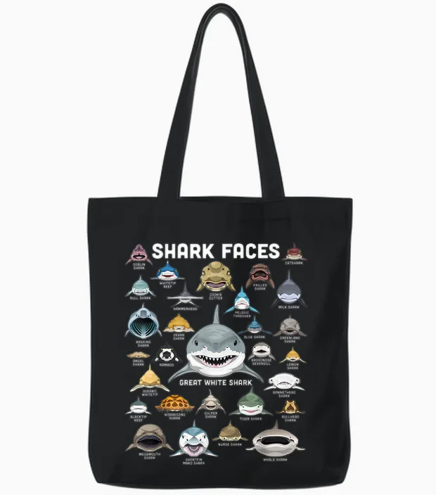 Shark Faces Shirt Types of Shark Funny Marine Biology Shark Tote Bags in Black