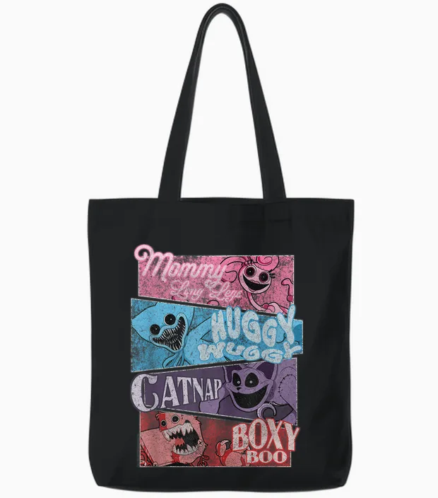Poppy Playtime Best Friends Forever Distressed Group Shot Tote Bags in Black