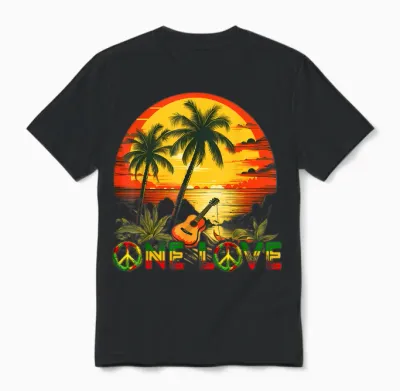 Rasta Reggae Sunset Guitarist Guitar Jamaica Reggae Music T-Shirt, Black Unisex T-Shirt - Black