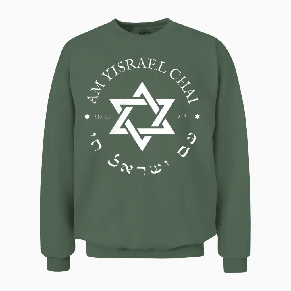 Am Yisrael Chai Israel 1948 Star of David Hebrew Idf Jewish T-Shirt, Black Unisex Sweatshirt in Military Green