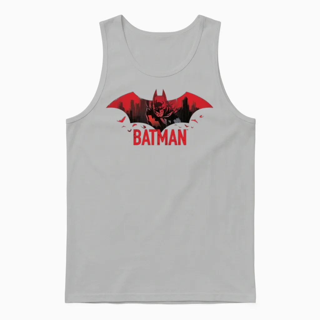 Batman with Bats and Red Batman Logo Unisex Tank Top in Ash