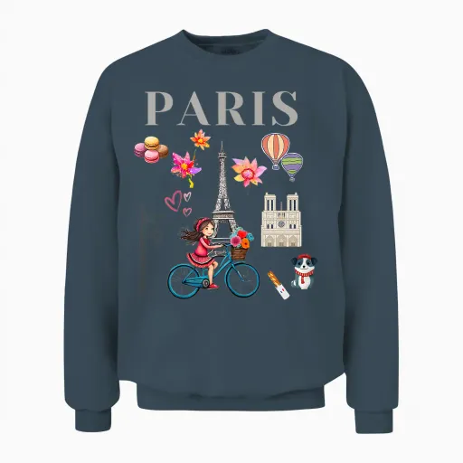 Pretty Girl on a Bike in Paris, Eiffel Tower, French Souvenir T-Shirt, Black, Female X-Small Unisex Sweatshirt in Dark Heather