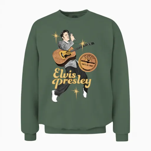 Elvis Presley with Guitar and Microphone Unisex Sweatshirt in Military Green