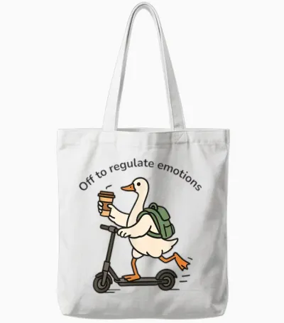 Off to Regulate Emotions Funny Goose on Scooter Tote Bags - White