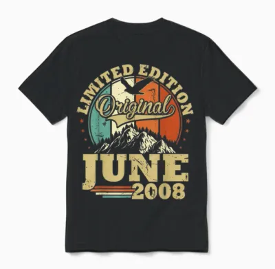 Cadeau Anniversaire 18 Ans Vintage Juin 2008 Garçons Filles Unisex T-Shirt - Black