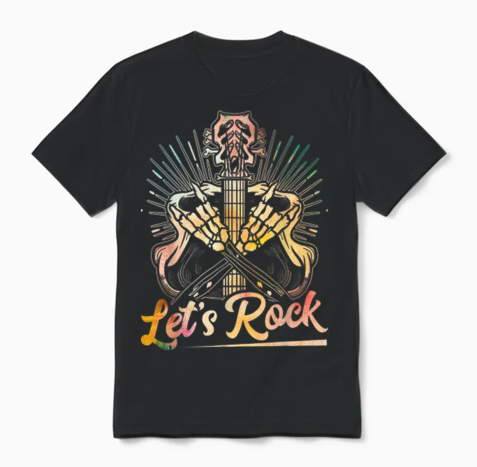 Let's Rock Guitar T-Shirt, Black Unisex T-Shirt in Black