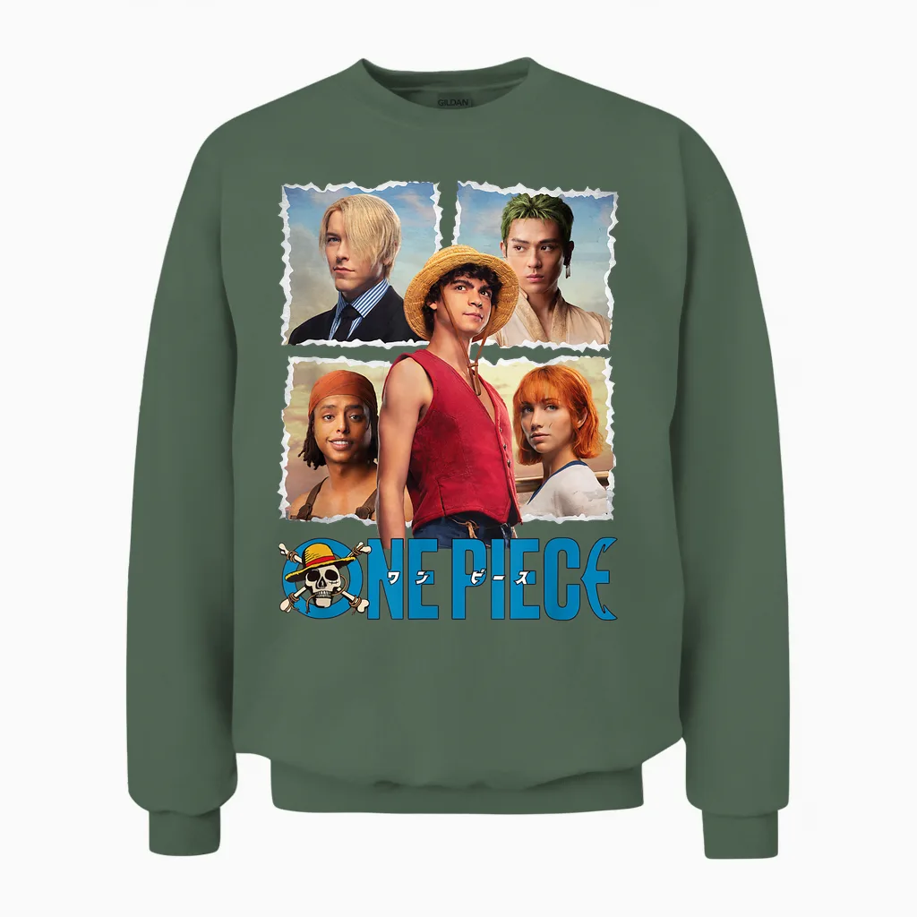 Children's One Piece Straw Hat Group T-Shirt, Blue Unisex Sweatshirt in Military Green
