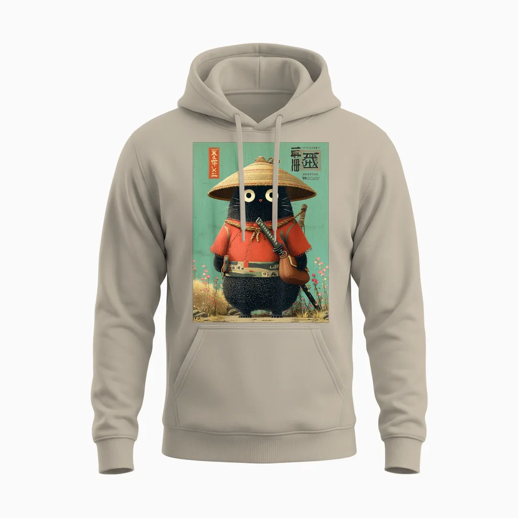 Chat Japonais Vintage Samouraï Sumi-E Traveler Warrior Anime Unisex Hoodie in Sand