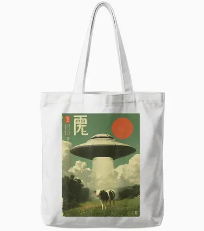 Lustiges Retro Vintage Japanische Kuh Entführung Alien Raumschiff Tote Bags - White