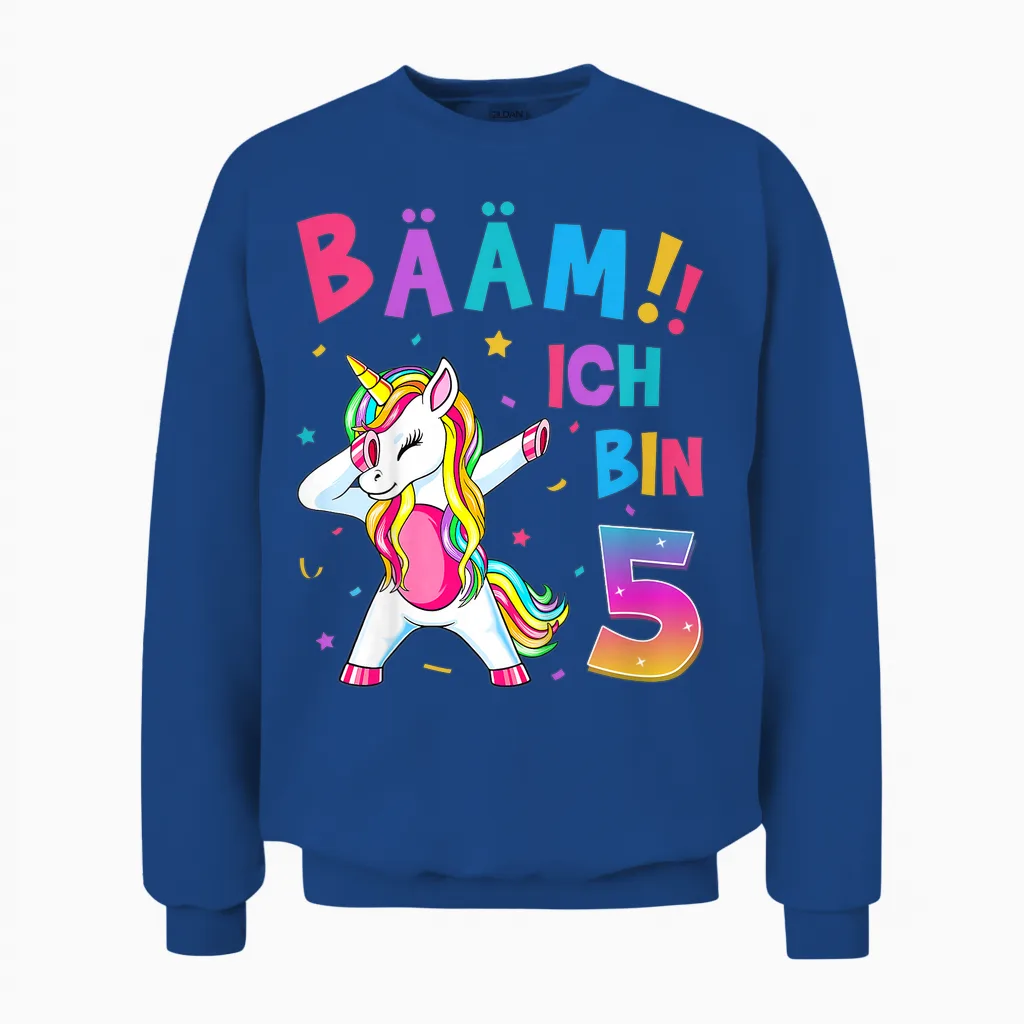 Children's 5th Birthday Girl 5 Years Old Dancing Funny Unicorn T-Shirt, Black Unisex Sweatshirt in Royal