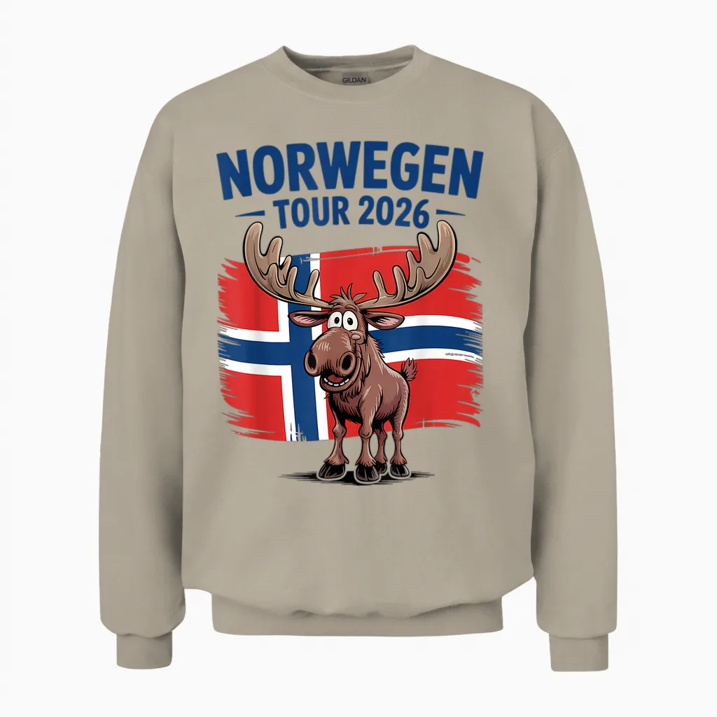 Norwegen Tour 2026 Elch Angeln Camping & Natur in Norwegen Unisex Sweatshirt in Sand