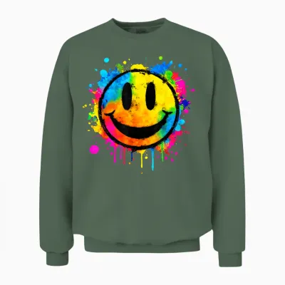 Cute Paint Splash Happy Smile Face 70s Tie Dye Smiling Funny Unisex Sweatshirt - Military Green