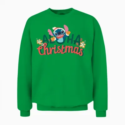 Amazon Essentials Men's Stitch Smiling Aloha Christmas T-Shirt, Black Graphic Print, Small Unisex Sweatshirt - Irish Green