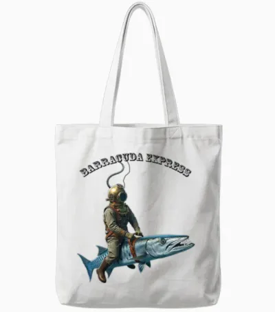 Vintage Helmet Diver Riding a Barracuda Fish Urm Tote Bags - White