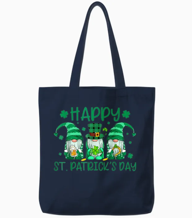 Three Gnomes Holding Shamrock Leopard Plaid St Patrick's Day Tote Bags in Navy