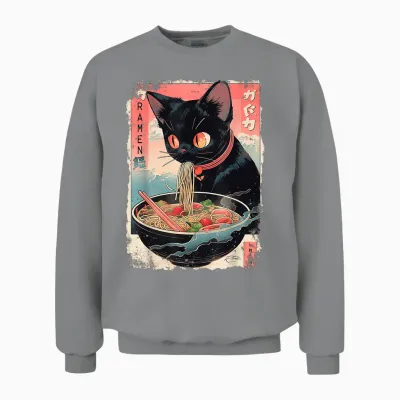 Cat Ramen Noodle Japanese Anime Manga Ramen Kawaii Cat T-Shirt, Black Unisex Sweatshirt - Sport Grey