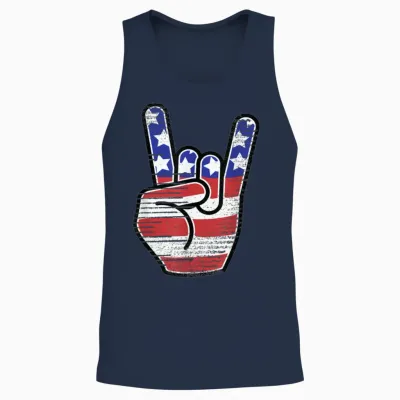Rock N Roll Usa Flag Horns Sign Retro Band Unisex Tank Top - Navy