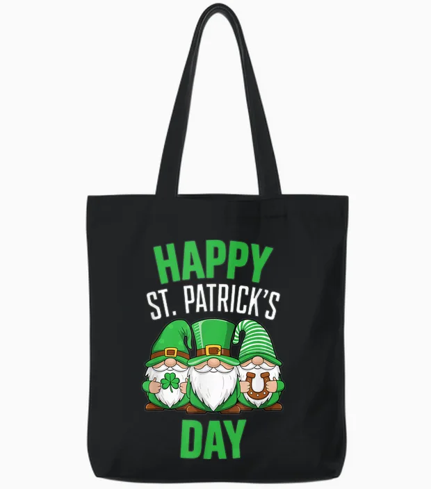 Happy St Patrick's Day Shirt with Three St. Patrick's Day Gnomes T-Shirt, Black, S Tote Bags in Black