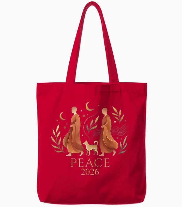 Walk Peace 2026 World Peace Monks with Aloka Dog Spiritual Tote Bags in Red