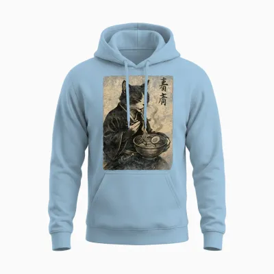 Cat Samurai Vintage Ramen Japanese Retro Art Anime Aesthetic Unisex Hoodie - Light Blue