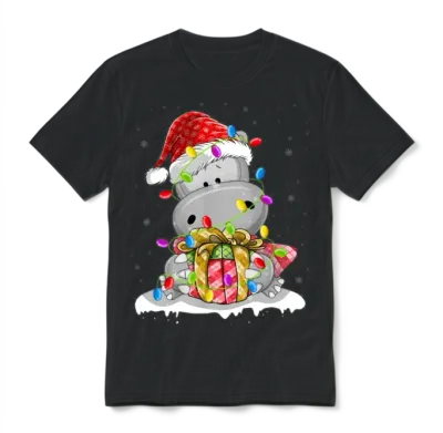 Hippopotamus Santa Christmas Tree Lighting Xmas Unisex T-Shirt - Black
