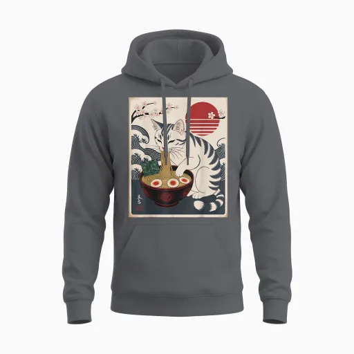 Kawaii Cat Eating Japanese Noodles Anime Cat Ramen Unisex Hoodie - Charcoal