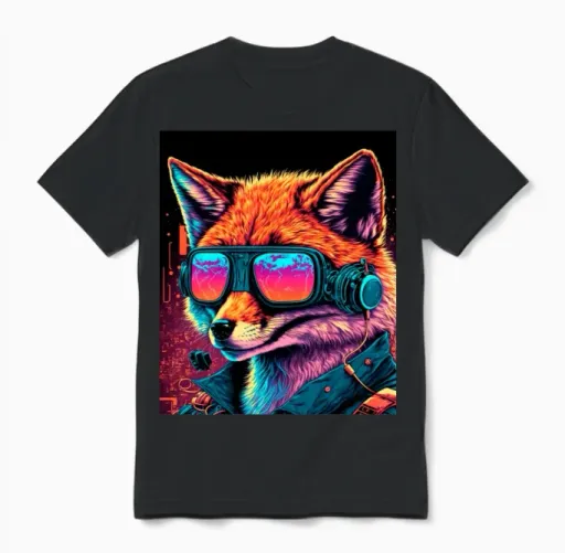 Retro Futuristic Synthwave Fox Unisex T-Shirt in Black