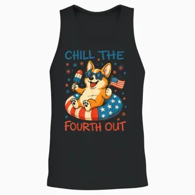 Chill the Fourth Out Cute Corgi Patriotic 4th of July Unisex Tank Top - Black