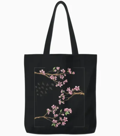 Japanese Cherry Blossom Aesthetic Anime Cherry Blossom Sakura T-Shirt, White Tote Bags - Black