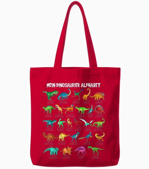 Dinosaur Types Alphabet A-Z Dino Abc T-Rex Dinosaur T-Shirt, Black Tote Bags in Red