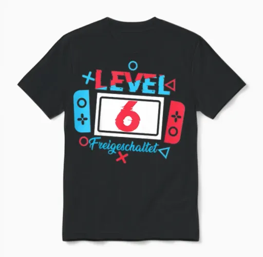 Children's Level 6 Birthday Shirt Boy 6 Years Old Video Games T-Shirt, Black Unisex T-Shirt in Black