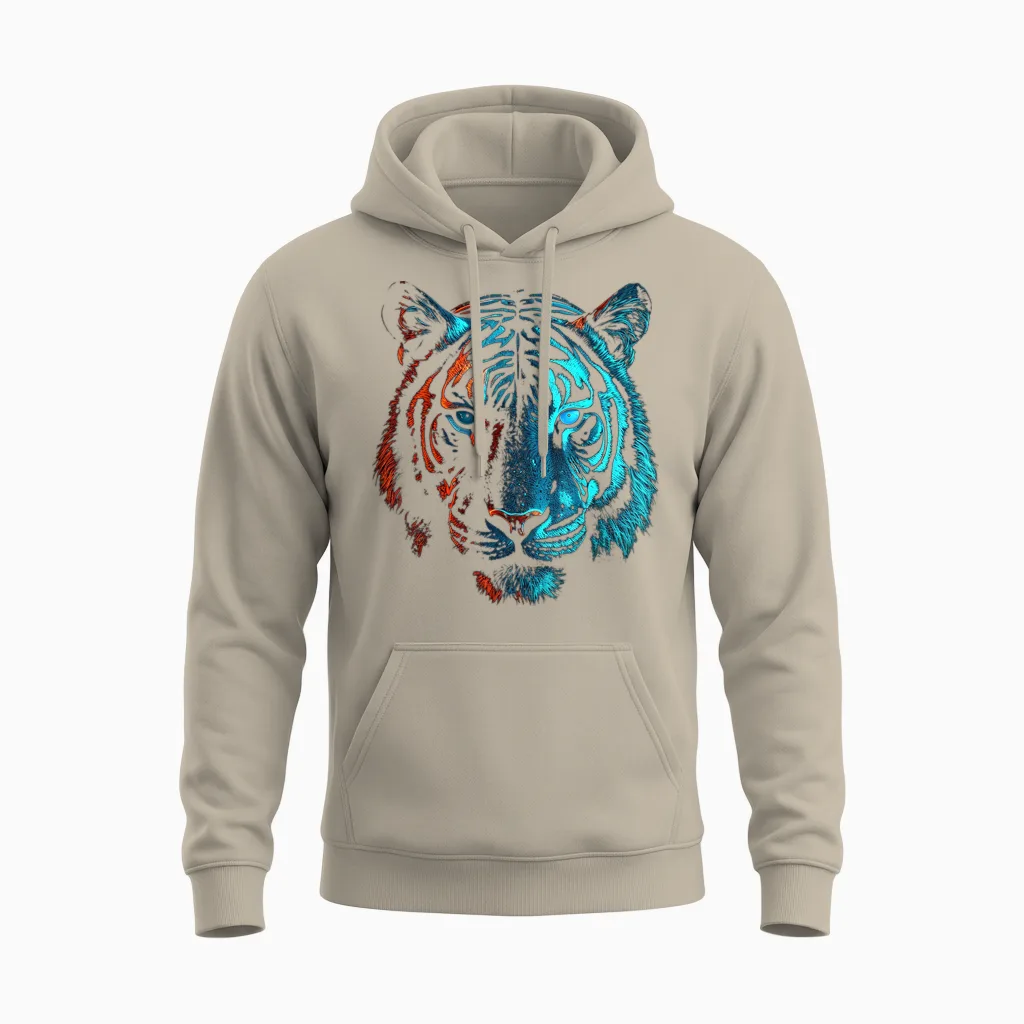 Tiger in Red and Blue - Animal Art Tiger T-Shirt, Black Unisex Hoodie in Sand