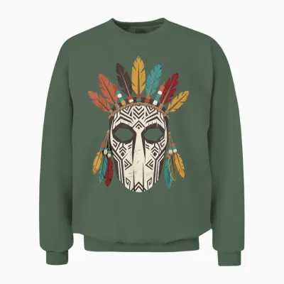 Masque Tribal Plume Coiffe Ethnique Halloween Unisex Sweatshirt - Military Green